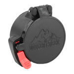 Black circular protective cap with a red release latch on the side, likely a locking valve or cover for a piece of equipment.