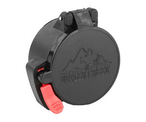 Black circular protective cap with a red release latch on the side, likely a locking valve or cover for a piece of equipment.