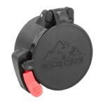 Round black plastic cap with a red side latch/safety tab.