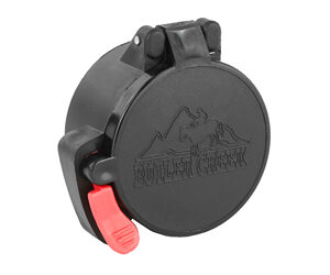 Round black plastic cap with a red side latch/safety tab.