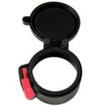 Black travel mug lid with a red latch, shown open to expose the cup opening and seal area.