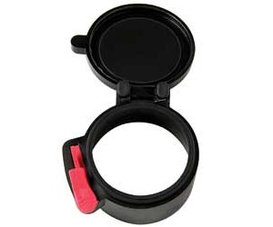 Black travel mug lid with a red latch, shown open to expose the cup opening and seal area.