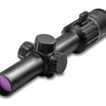 Rifle scope with adjustment turrets and purple-tinted objective lens