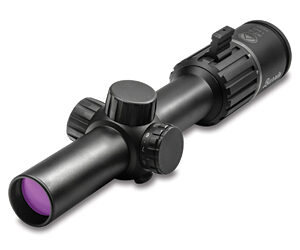Rifle scope with adjustment turrets and purple-tinted objective lens