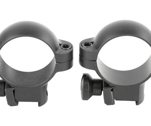 Pair of black rifle scope rings with mounting bases for securing a telescope-style sight on a firearm.