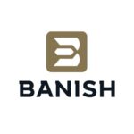 Banish logo: tan rounded-square icon with a white abstract mark above the bold word BANISH in dark blue