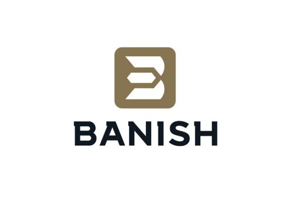 Banish logo: tan rounded-square icon with a white abstract mark above the bold word BANISH in dark blue