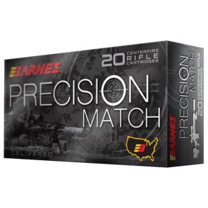 Box of Barnes Precision Match centerfire rifle cartridges, 20 rounds, with bold 'PRECISION MATCH' typography and a grayscale tactical design, including a yellow US map outline.