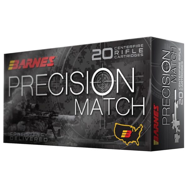 Box of Barnes Precision Match centerfire rifle cartridges, 20 rounds, with bold 'PRECISION MATCH' typography and a grayscale tactical design, including a yellow US map outline.