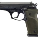 Side view of a black Bersa Thunder 380 Combat Plus pistol with an olive grip and textured panels.