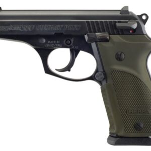 Side view of a black Bersa Thunder 380 Combat Plus pistol with an olive grip and textured panels.