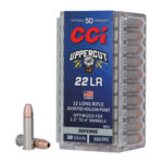 Box of CCI Uppercut .22 LR ammunition (50 rounds) with two loose copper cartridges placed beside it.
