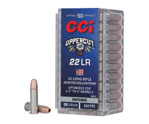 Box of CCI Uppercut .22 LR ammunition (50 rounds) with two loose copper cartridges placed beside it.