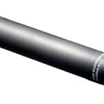 Black cylindrical firearm suppressor (silencer) with a threaded mount visible at the end, oriented diagonally against a white background.