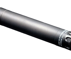 Black cylindrical firearm suppressor (silencer) with a threaded mount visible at the end, oriented diagonally against a white background.