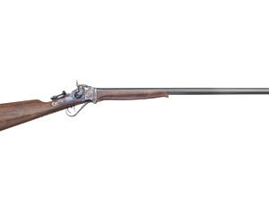 Antique muzzle-loading rifle with a wooden stock and long steel barrel.