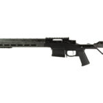 Black semi-automatic rifle with long barrel and adjustable stock, viewed from the side.
