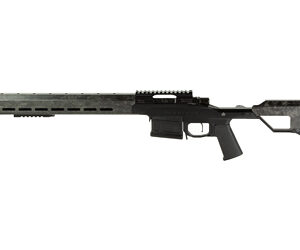 Black semi-automatic rifle with long barrel and adjustable stock, viewed from the side.