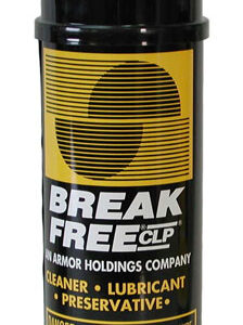 Spray can of Break Free CP cleaner, lubricant, and preservative with a yellow–black label and black cap (12 oz).