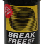 Black bottle of Break-Free CLP gun cleaner, lubricant, and preservative with a yellow label.