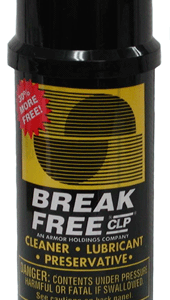 Black bottle of Break-Free CLP gun cleaner, lubricant, and preservative with a yellow label.
