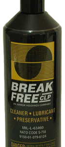 Break Free CLP bottle (black plastic) with yellow label advertising cleaner, lubricant and preservative; contains 4 oz (118 ml)
