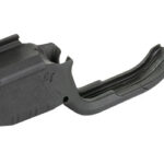 Black curved rifle charging handle with rectangular attachment on a white background.