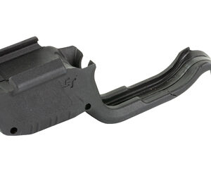 Black curved rifle charging handle with rectangular attachment on a white background.