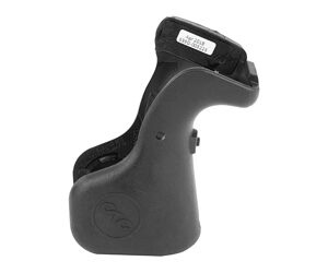 Ergonomic handheld barcode scanner resting in its base cradle.