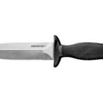 Fixed-blade tactical knife with a straight double-edged blade and a black, textured grip.