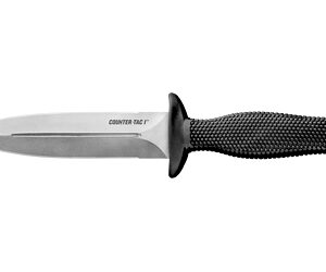 Fixed-blade tactical knife with a straight double-edged blade and a black, textured grip.