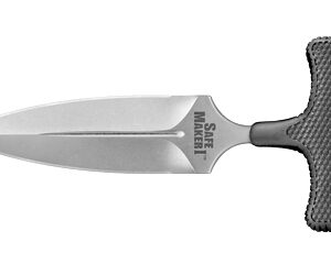 Dagger-style knife with a wide, pointed blade and a textured black handle; blade is marked SAFE MARK.