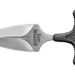 Compact dagger-style knife with a short double-edged blade and textured black grip.