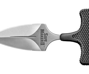 Compact dagger-style knife with a short double-edged blade and textured black grip.