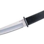 Fixed-blade knife with a black textured handle and a silver drop-point blade.