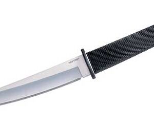 Fixed-blade knife with a black textured handle and a silver drop-point blade.