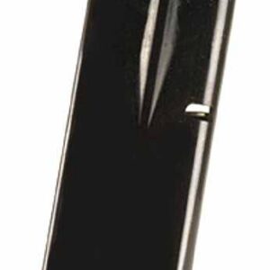 Detachable black pistol magazine standing upright on a flat base plate.