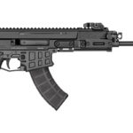 Side view of a black assault rifle with a curved magazine and rail-equipped receiver.