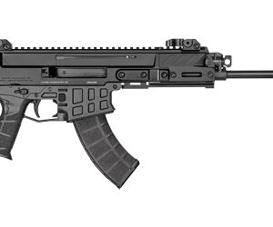Side view of a black assault rifle with a curved magazine and rail-equipped receiver.