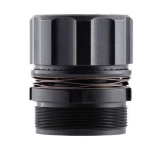 Close-up of a metal cylindrical vape atomizer with threading at the bottom and a coil-like ring around the middle, showing its top and bottom sections.