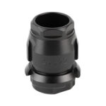 Black cylindrical mounting adapter with side locking tabs and a threaded base; a camera/accessory mount component.