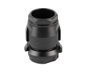 Black cylindrical mounting adapter with side clamps and a hex-shaped top, used to secure a device to a rail or tube as part of a mounting system.