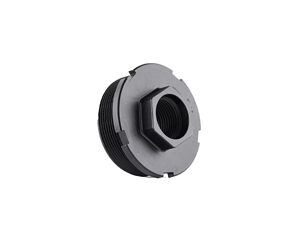 Camera lens mount adapter with threaded ends, black plastic housing
