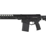 Black semi-automatic rifle with a long, ventilated handguard and adjustable stock to the right of a neutral backdrop.