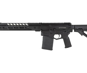 Black semi-automatic rifle with a long, ventilated handguard and adjustable stock to the right of a neutral backdrop.
