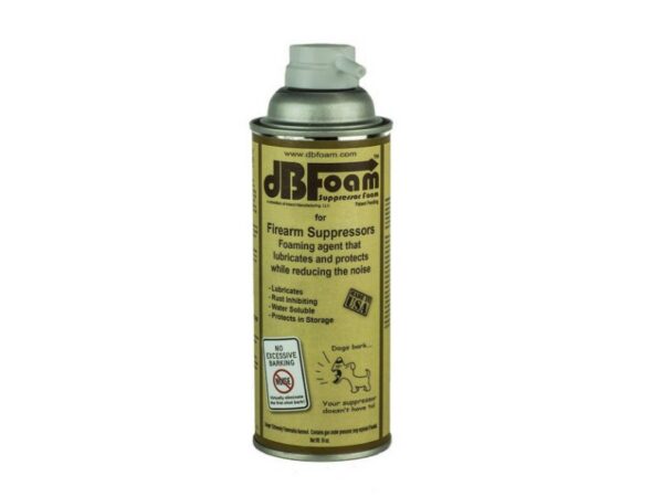 A can of dbFoam Firearm Suppressors foam—lubricates, protects, and reduces noise during use, labeled for firearm suppressors in the USA
