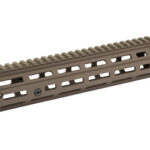Tan rifle handguard with a Picatinny rail on top and ventilation slots, shown lengthwise.