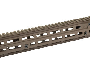 Tan rifle handguard with a Picatinny rail on top and ventilation slots, shown lengthwise.