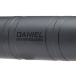 Gray rifle suppressor marked 'DANIEL SOUNDGUARD' with grooved exterior and threaded rear end, used to reduce muzzle blast