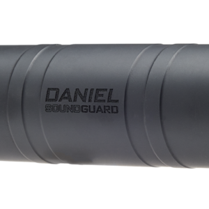 Gray rifle suppressor marked 'DANIEL SOUNDGUARD' with grooved exterior and threaded rear end, used to reduce muzzle blast